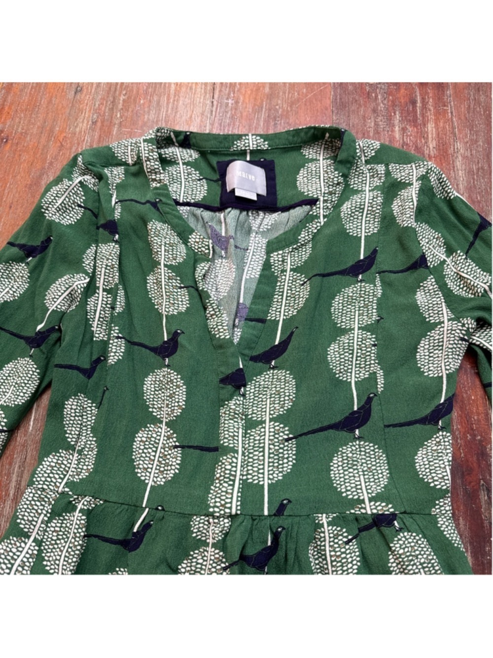 Maeve Anthropologie Green Pheasant Bird Print Dress Pockets Navy Gold S HTF - Picture 2 of 15